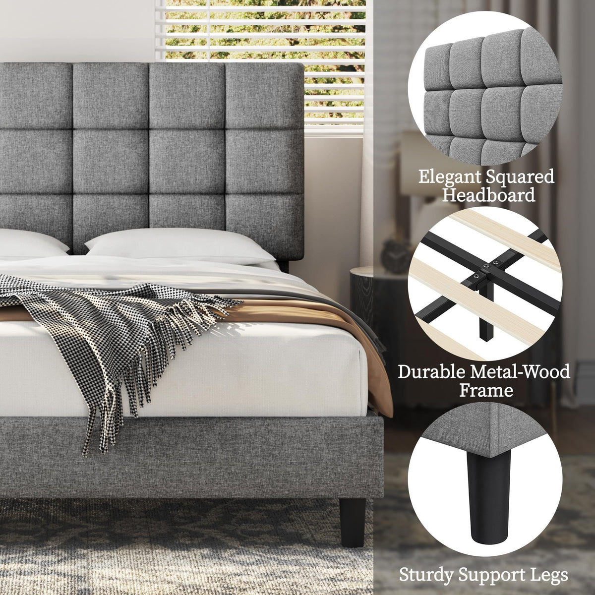 Upholstered Bed Frame with Square Tufted Headboard