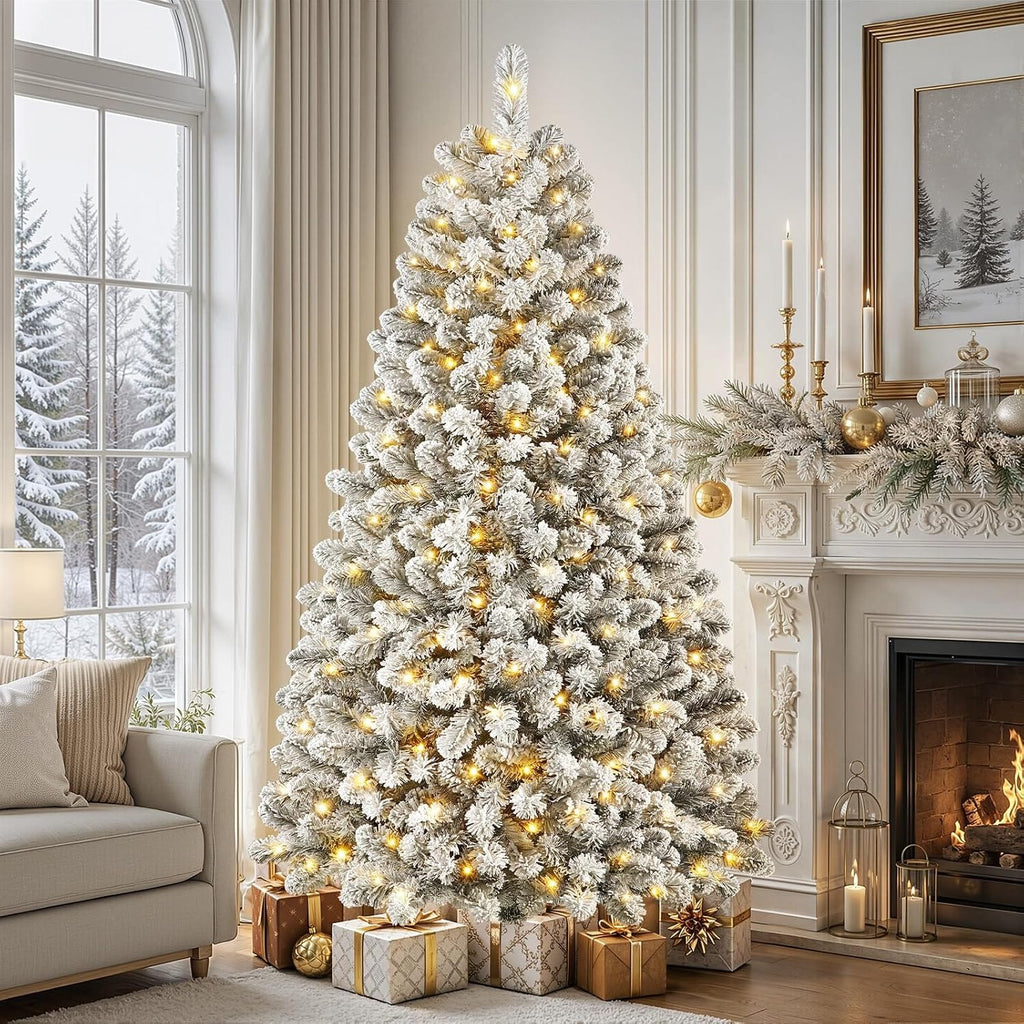 Shano's Pre Lit Christmas Tree Snow Flocked with 13 Modes & 932 Tips