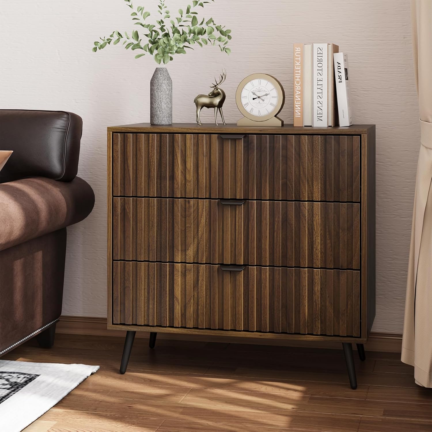 Fluted Chest of 3 Drawers | Mid-Century Modern | Walnut Veneer | Metal Legs | Bedroom & Living Room