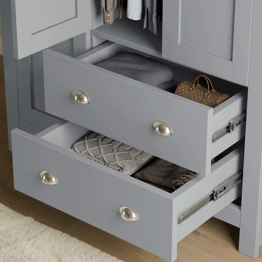 Shano 3 Door Wardrobe with Hanging Rail, 4 Shelves & 2 Drawers | White, Grey & Blue