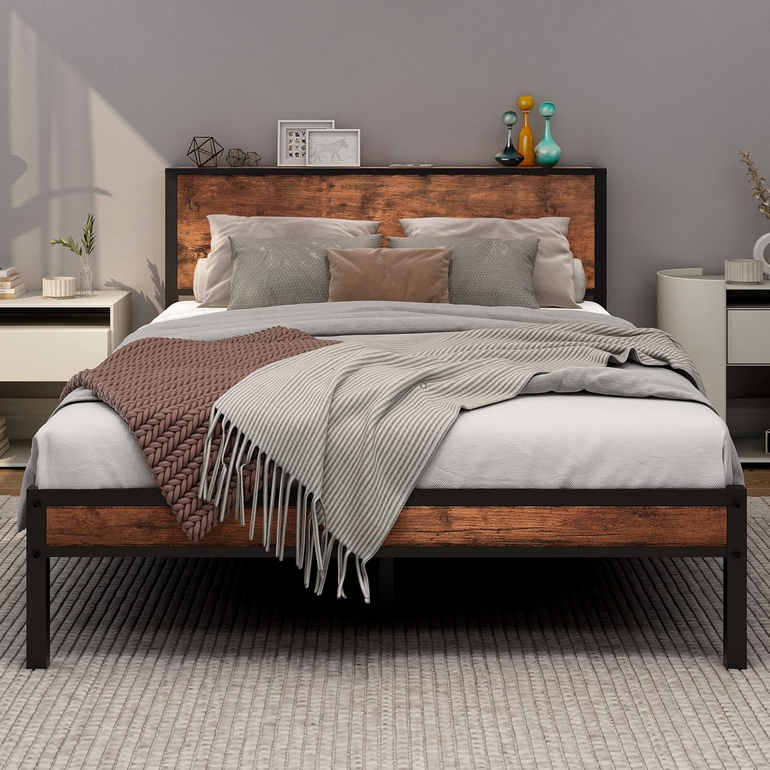 Metal Bed Frame with Wooden Storage Headboard | Heavy Duty Steel Slats | Single, Double & King