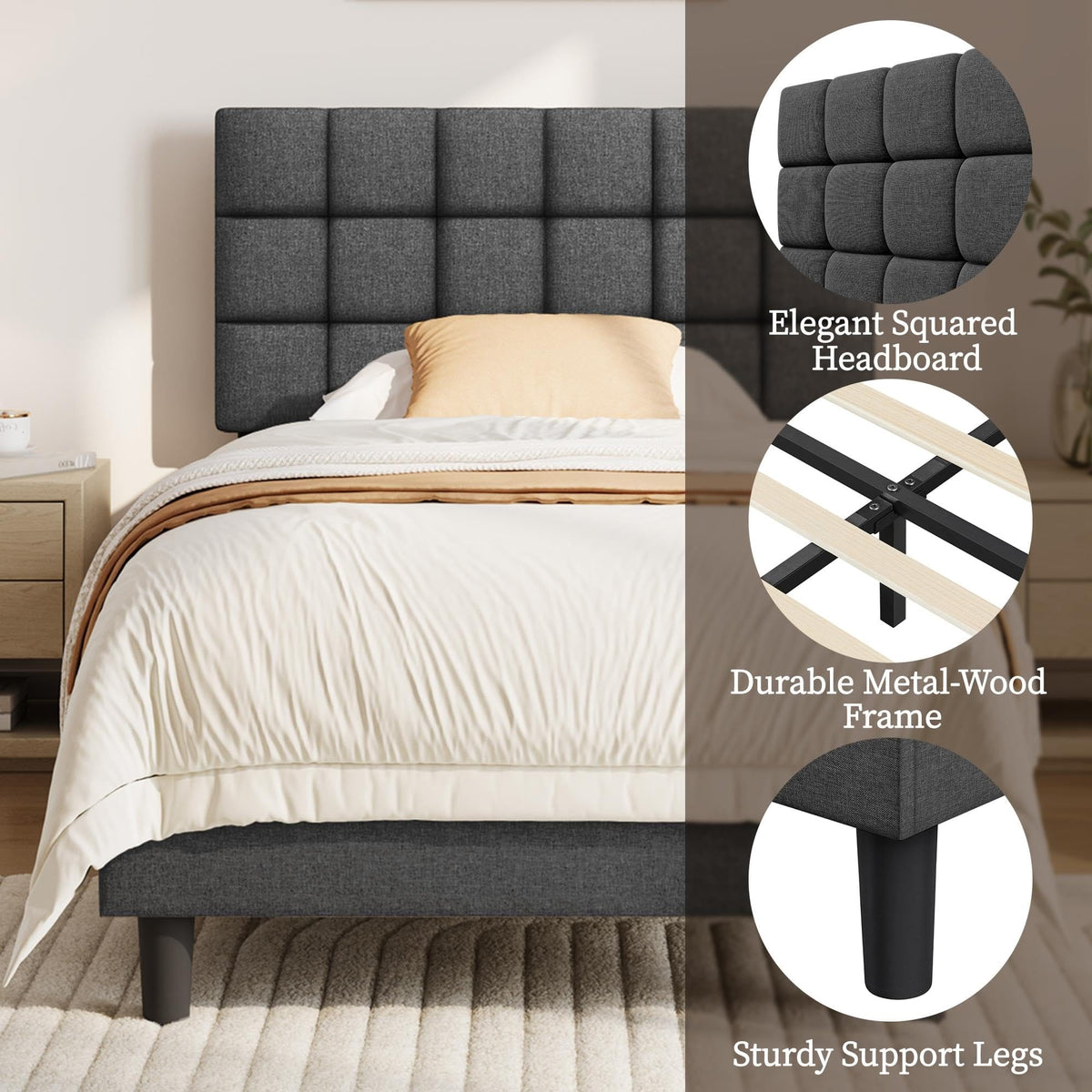 Upholstered Bed Frame with Square Tufted Headboard