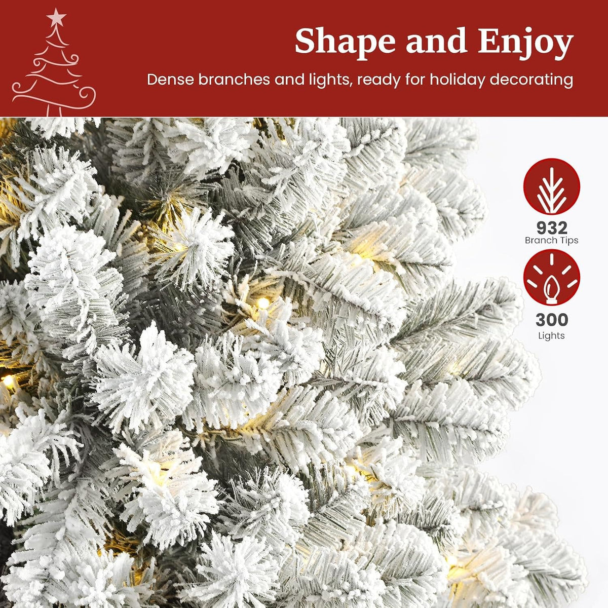 Shano's Pre Lit Christmas Tree Snow Flocked with 13 Modes & 932 Tips