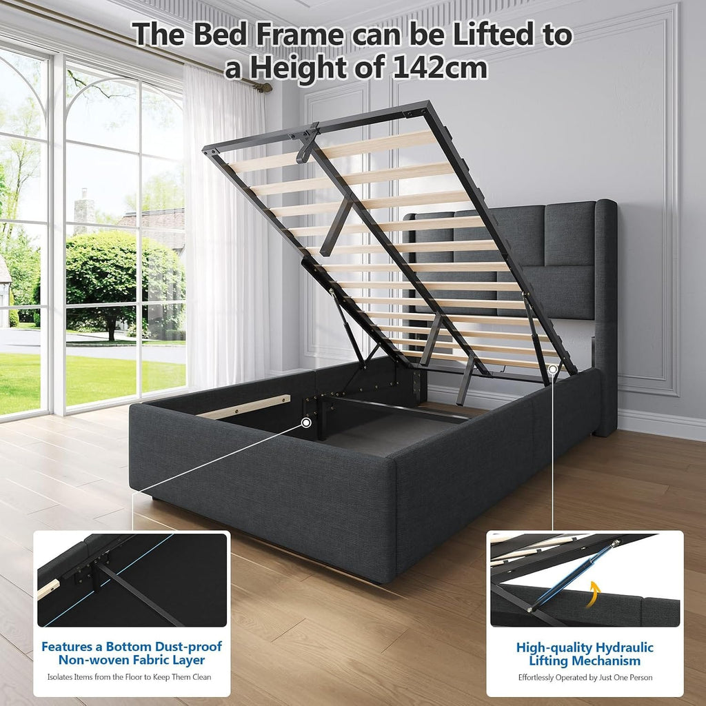 Ottoman Single Bed Frame with Hydraulic Storage, Charging Station & Adjustable Headboard | Grey | 3ft (90x190cm)