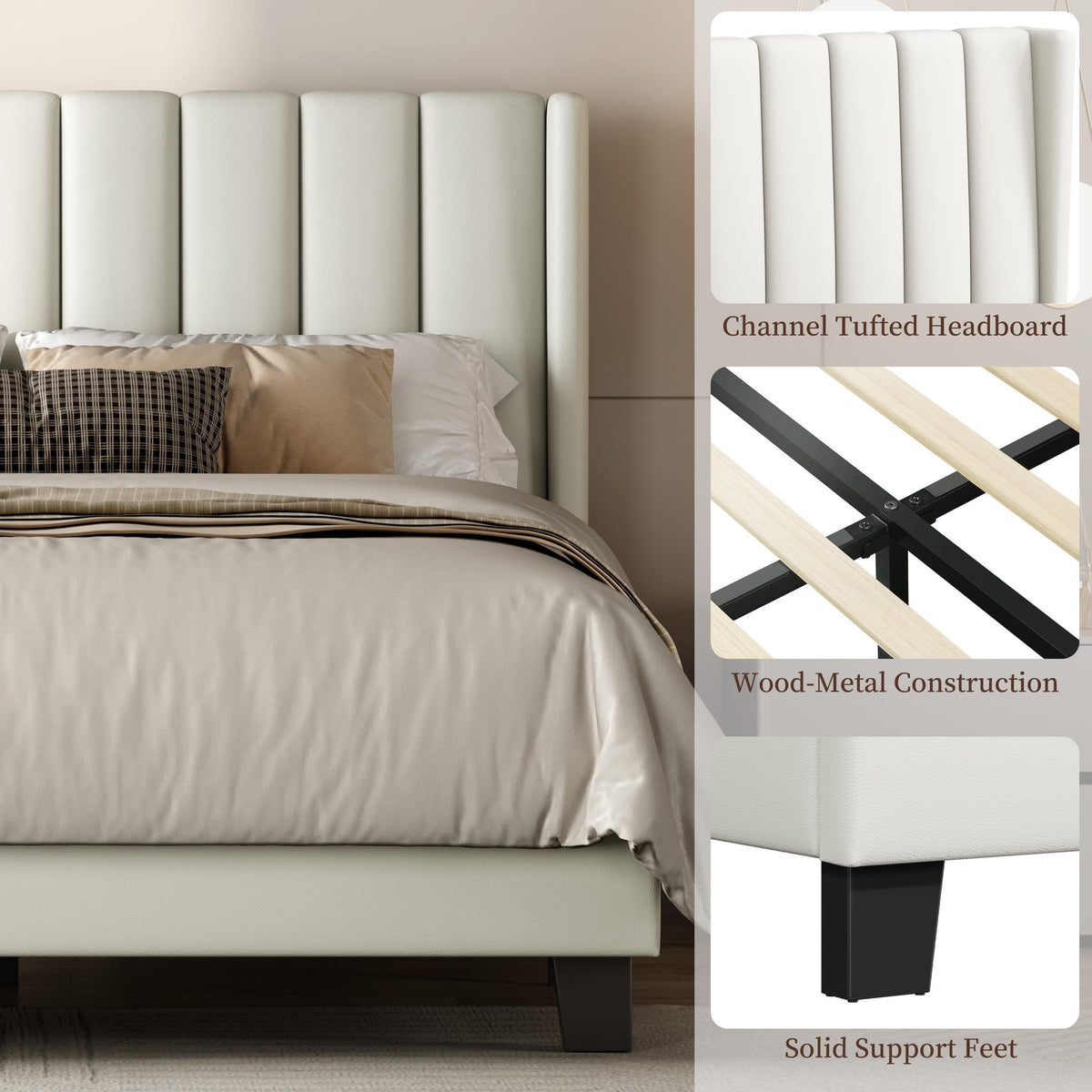 Shano Furniture Channel-Tufted Wing Bed Frame, Double, Beige