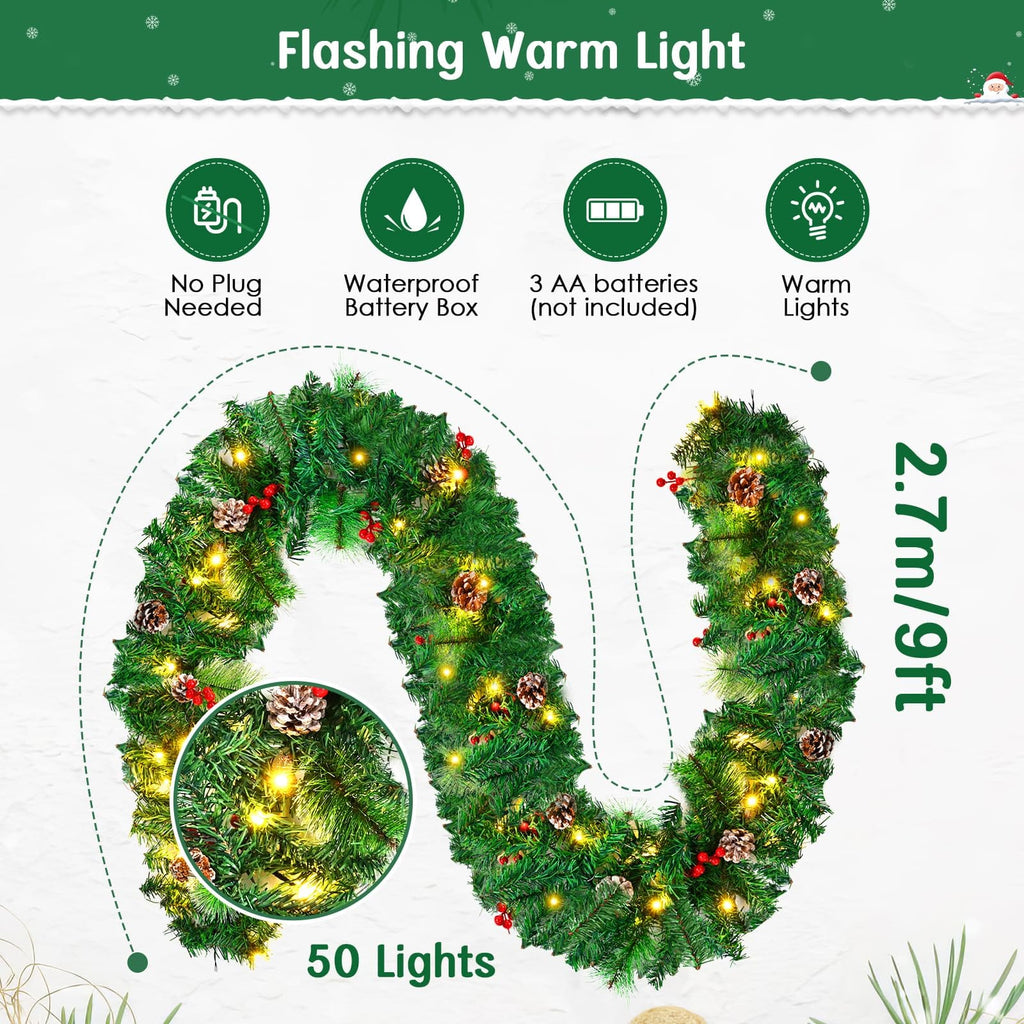 1.8M/6FT Christmas Garland with Lights, Christmas Garlands for Fireplace Stairs PE Artificial Wreath with 50 LED Lights for Xmas Tree Front Door Home Holiday Decor
