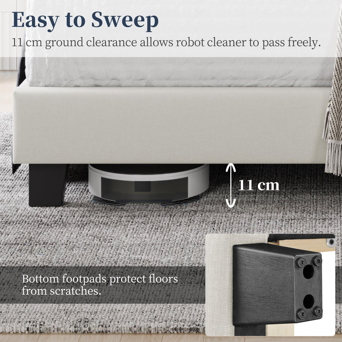 Shano Furniture Channel-Tufted Wing Bed Frame, Double, Beige