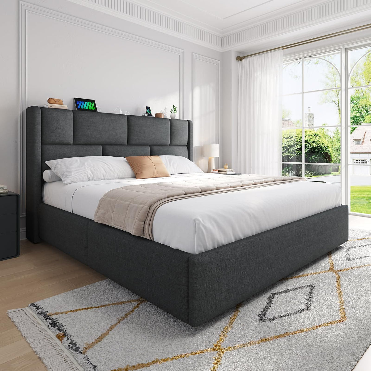 Ottoman Single Bed Frame with Hydraulic Storage, Charging Station & Adjustable Headboard | Grey | 3ft (90x190cm)