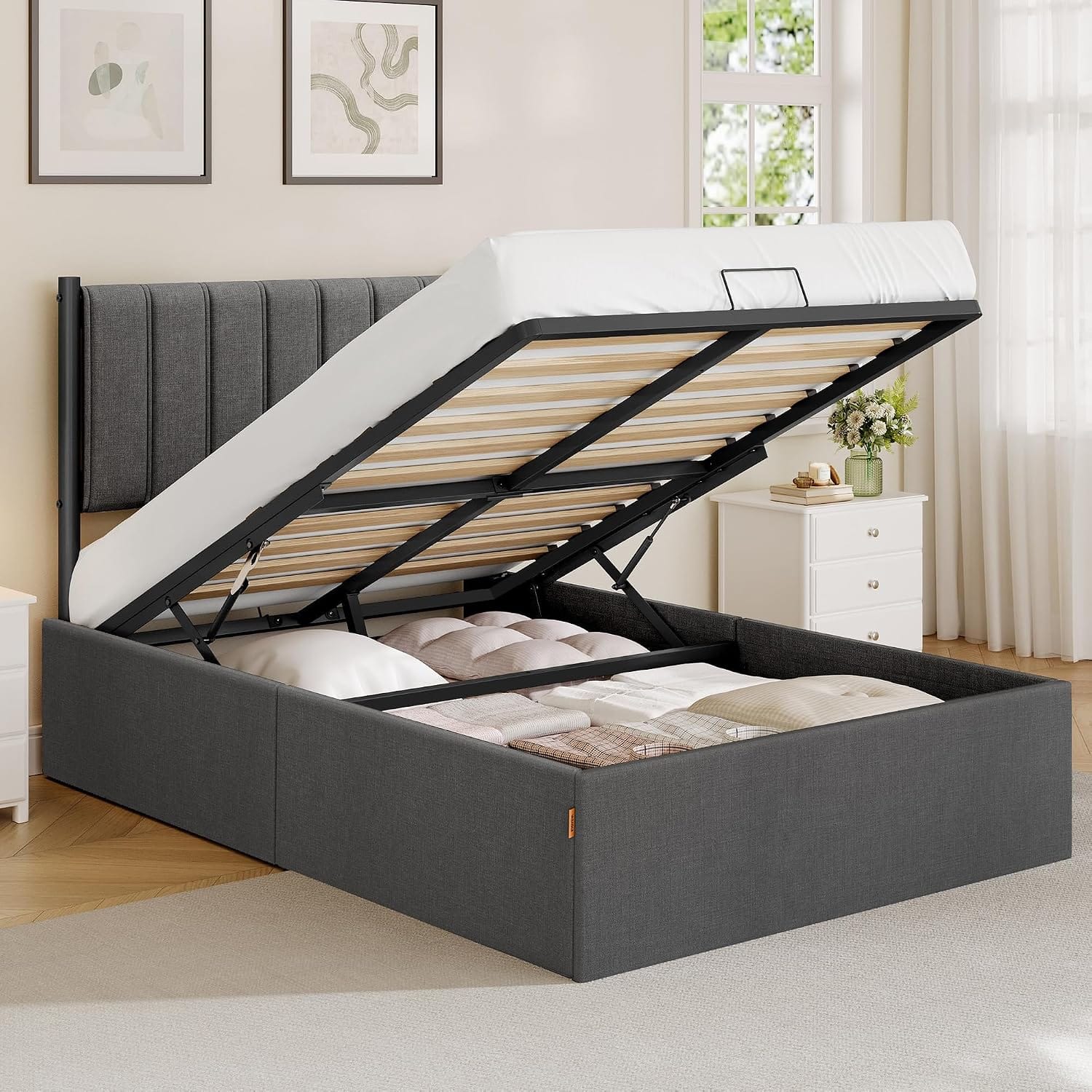 Ottoman Bed Frame with Lift-Up Storage | Hydraulic Lift | Upholstered Headboard | Double & Small Double