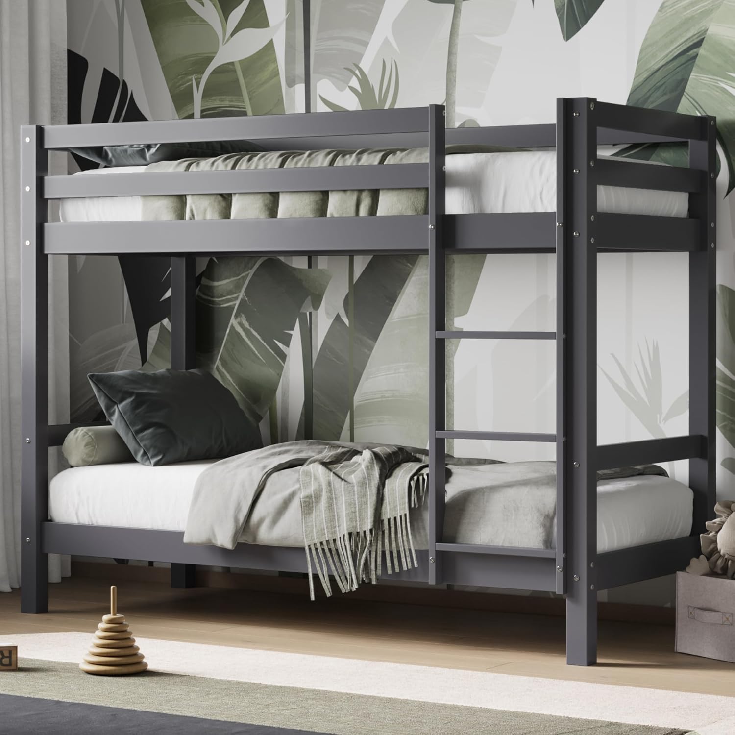 Solid Pine Shorty Bunk Bed for Kids | High Safety Rail | Slatted Base | Space-Saving | Grey & White