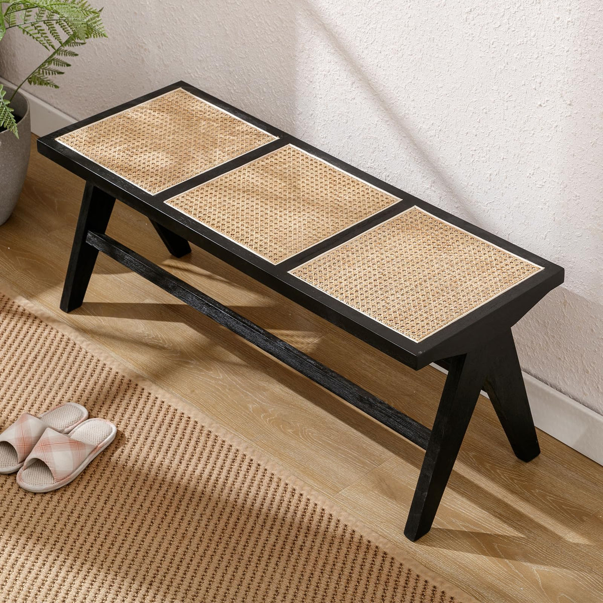 Shano Rattan Dining Bench | Solid Wood Frame | Woven Rattan Seat | Entryway Ottoman | 2 Colours