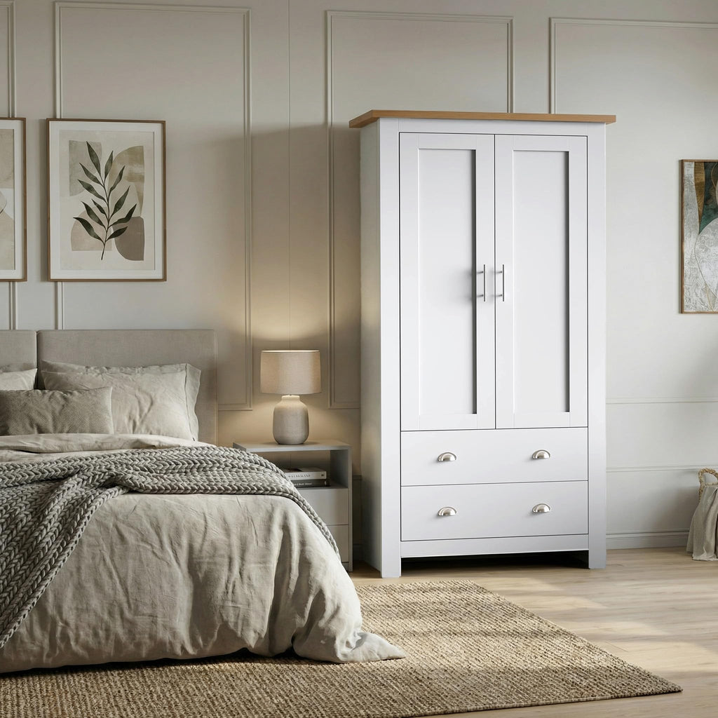 Shano 3 Door Wardrobe with Hanging Rail, 4 Shelves & 2 Drawers | White, Grey & Blue