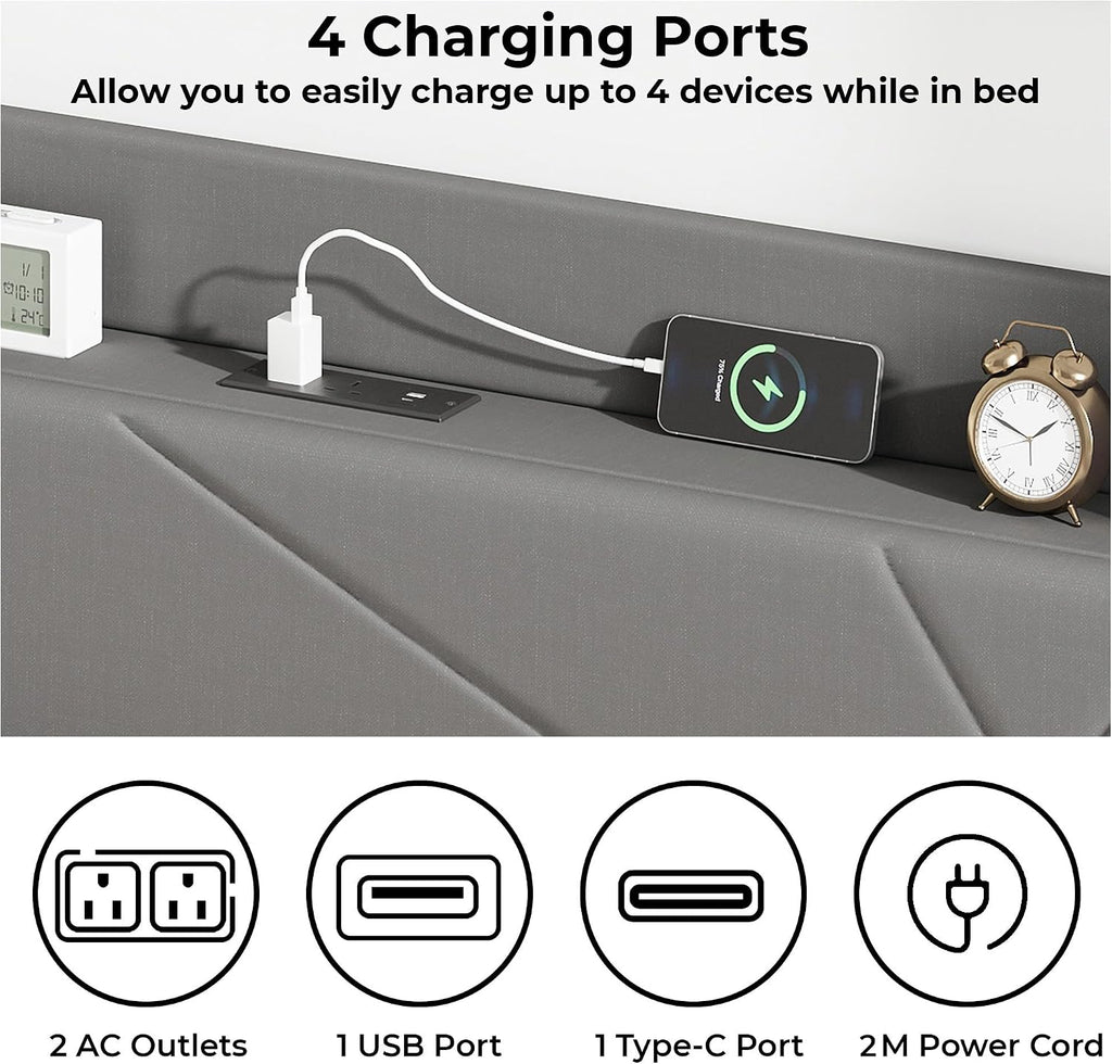 Upholstered Bed Frame with Built-In Charging Station | Linen Headboard | Storage | Single, Double & King