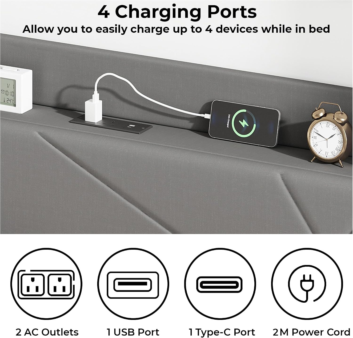 Upholstered Bed Frame with Built-In Charging Station | Linen Headboard | Storage | Single, Double & King