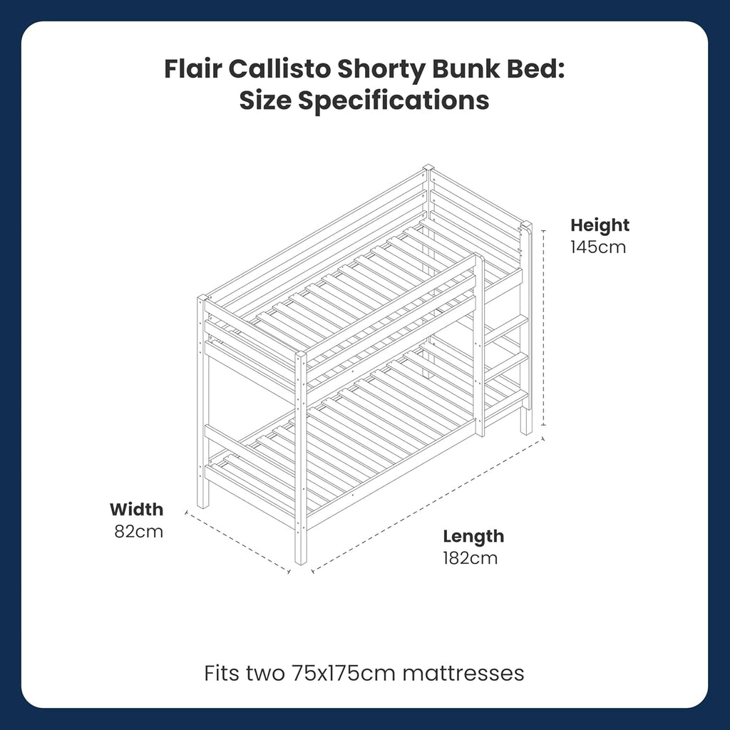 Solid Pine Shorty Bunk Bed for Kids | High Safety Rail | Slatted Base | Space-Saving | Grey & White