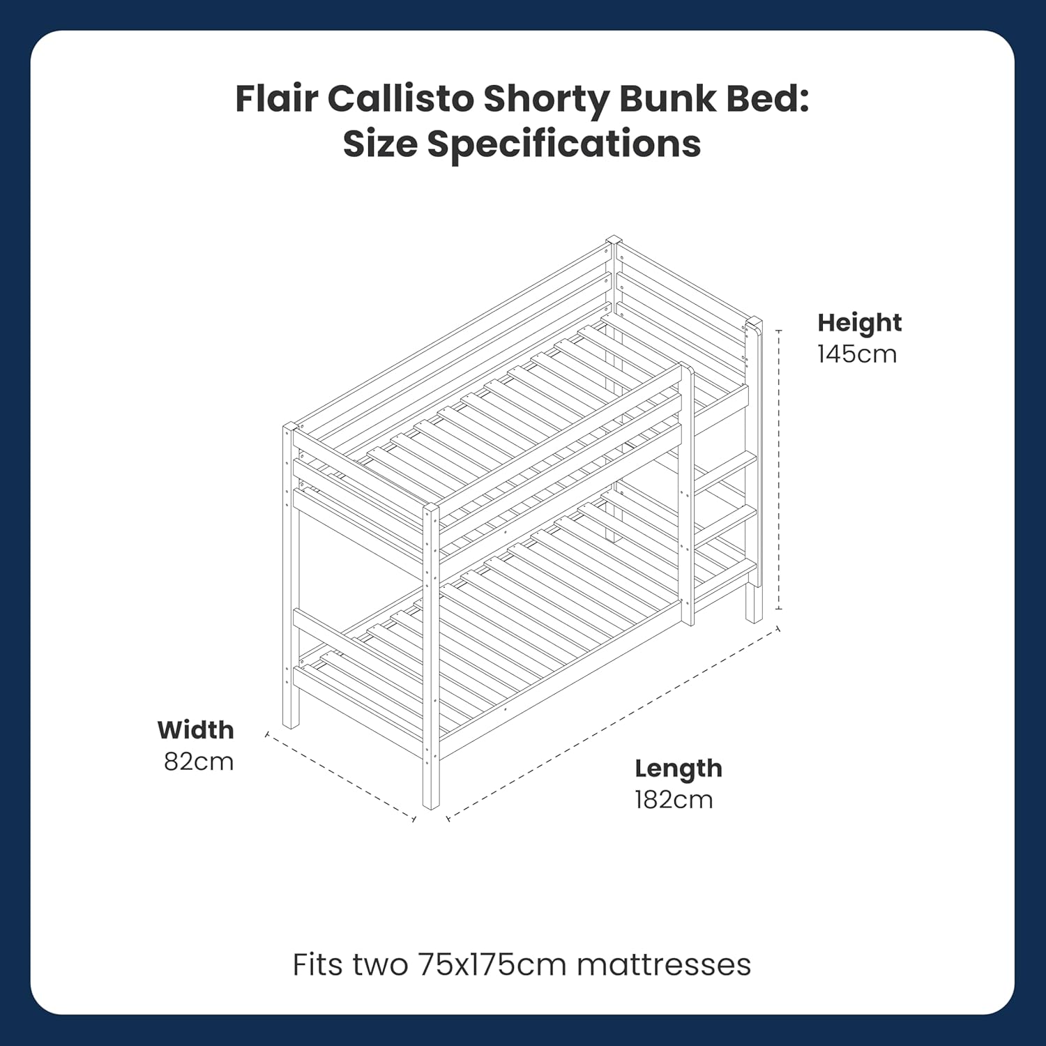 Solid Pine Shorty Bunk Bed for Kids | High Safety Rail | Slatted Base | Space-Saving | Grey & White
