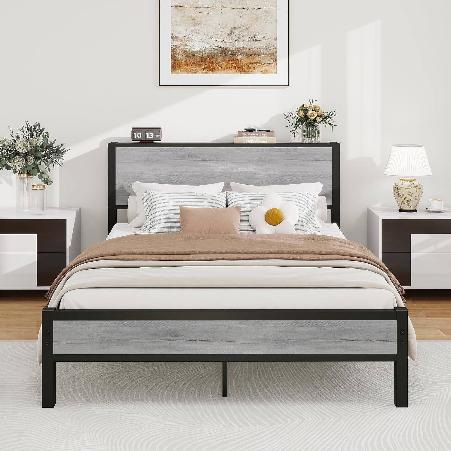 Metal Bed Frame with Wooden Storage Headboard | Heavy Duty Steel Slats | Single, Double & King