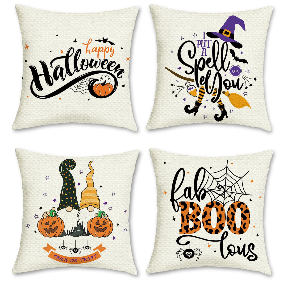 Happy Halloween Cushion Covers 45 x 45 cm Pumpkin Ghost Black Cat Trick or Treat Decorative Pillow Covers Black Pillowcases for Sofa Bed Home Outdoor Decor Set of 4