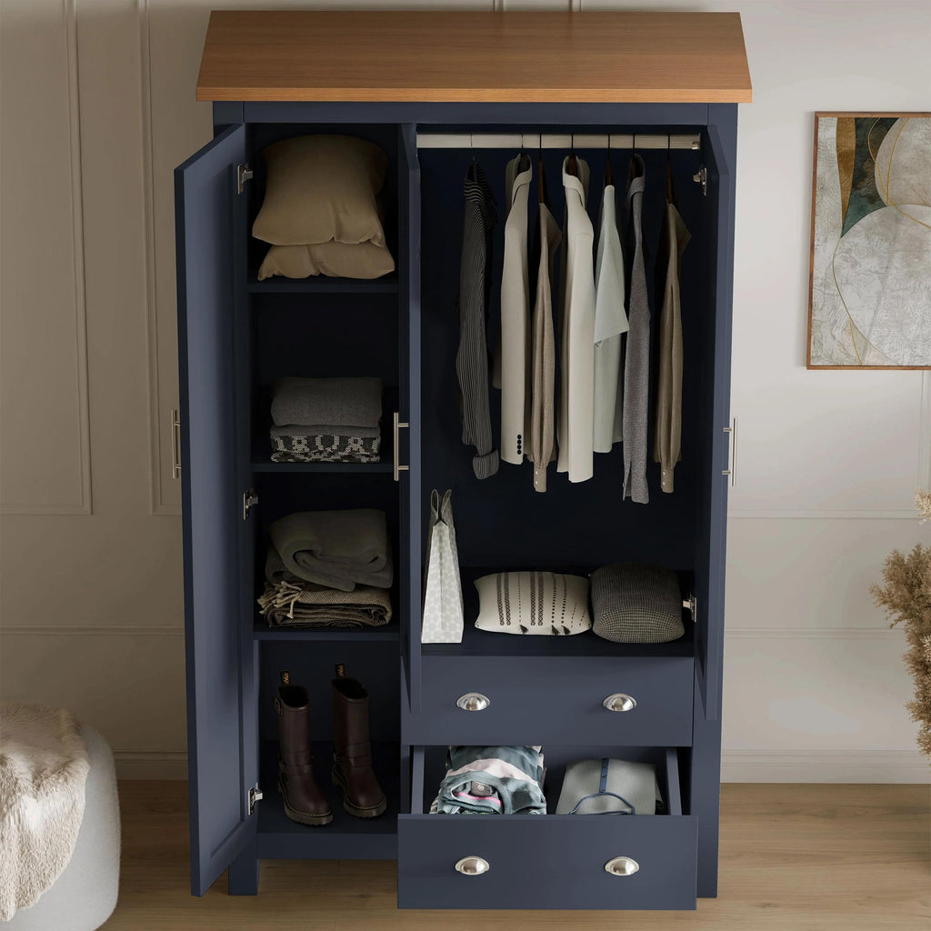 Shano 3 Door Wardrobe with Hanging Rail, 4 Shelves & 2 Drawers | White, Grey & Blue