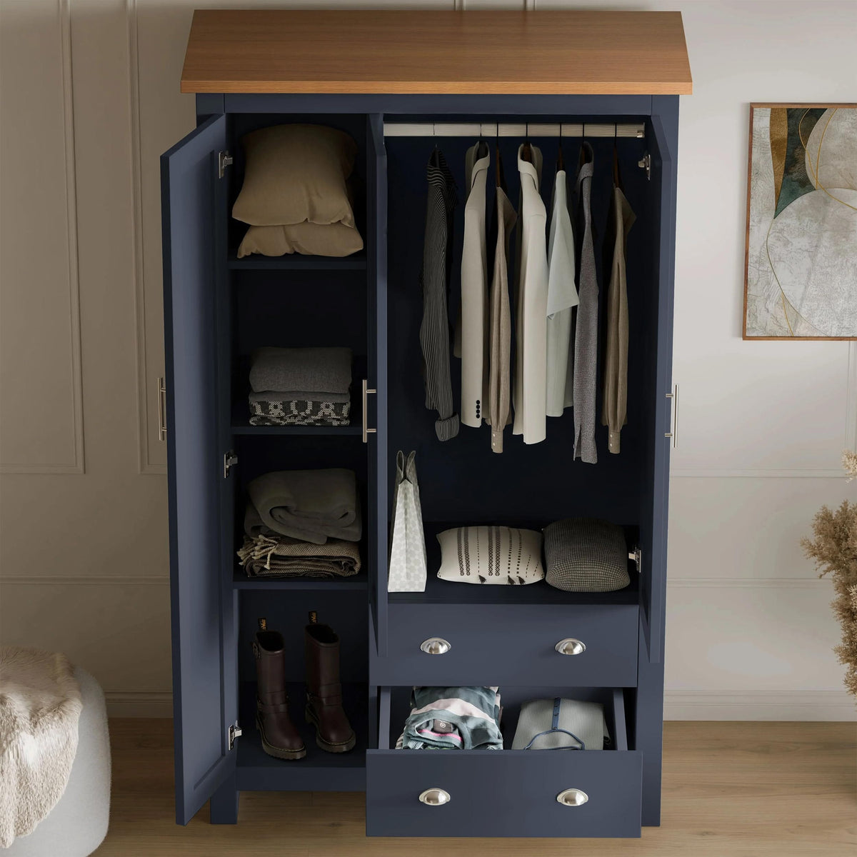 Shano 3 Door Wardrobe with Hanging Rail, 4 Shelves & 2 Drawers | White, Grey & Blue