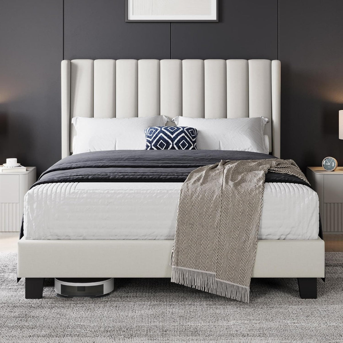 Shano Furniture Channel-Tufted Wing Bed Frame, Double, Beige