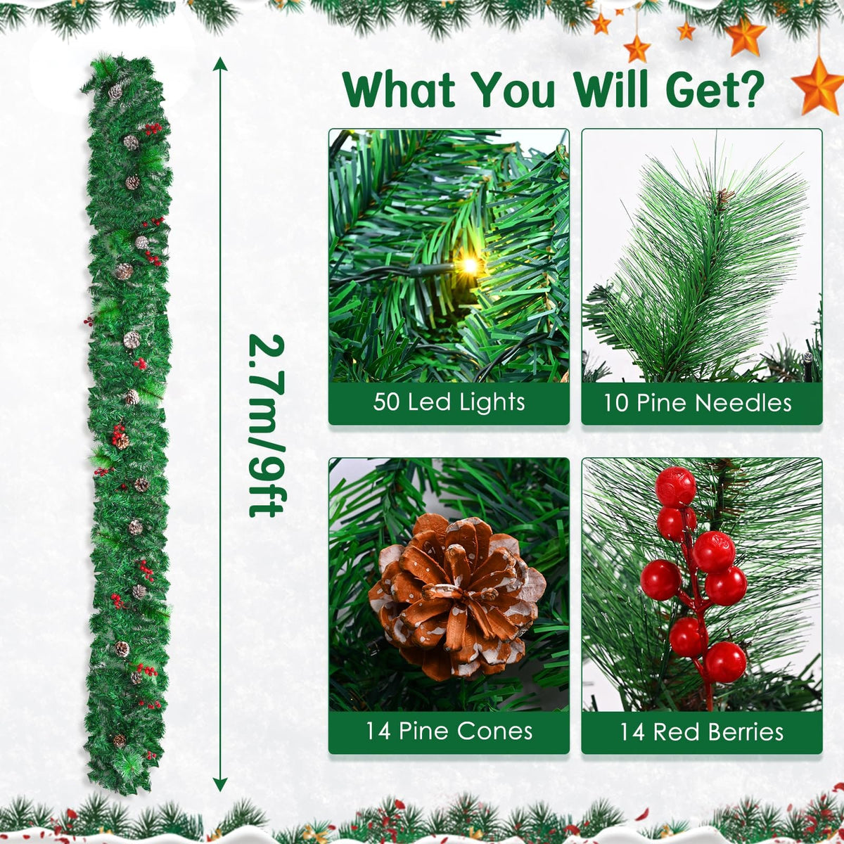 1.8M/6FT Christmas Garland with Lights, Christmas Garlands for Fireplace Stairs PE Artificial Wreath with 50 LED Lights for Xmas Tree Front Door Home Holiday Decor