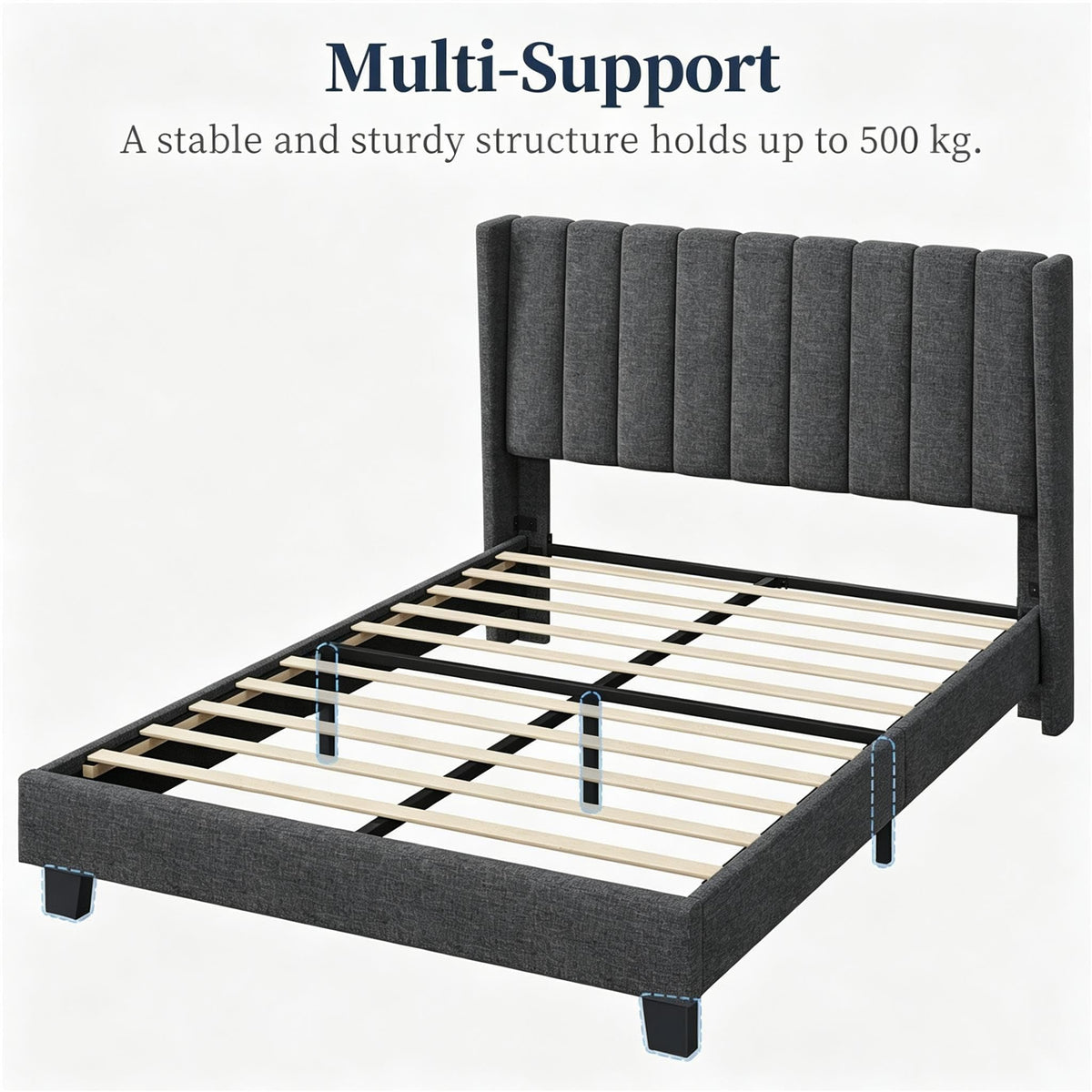 Shano Furniture Channel-Tufted Wing Bed Frame, Double, Beige