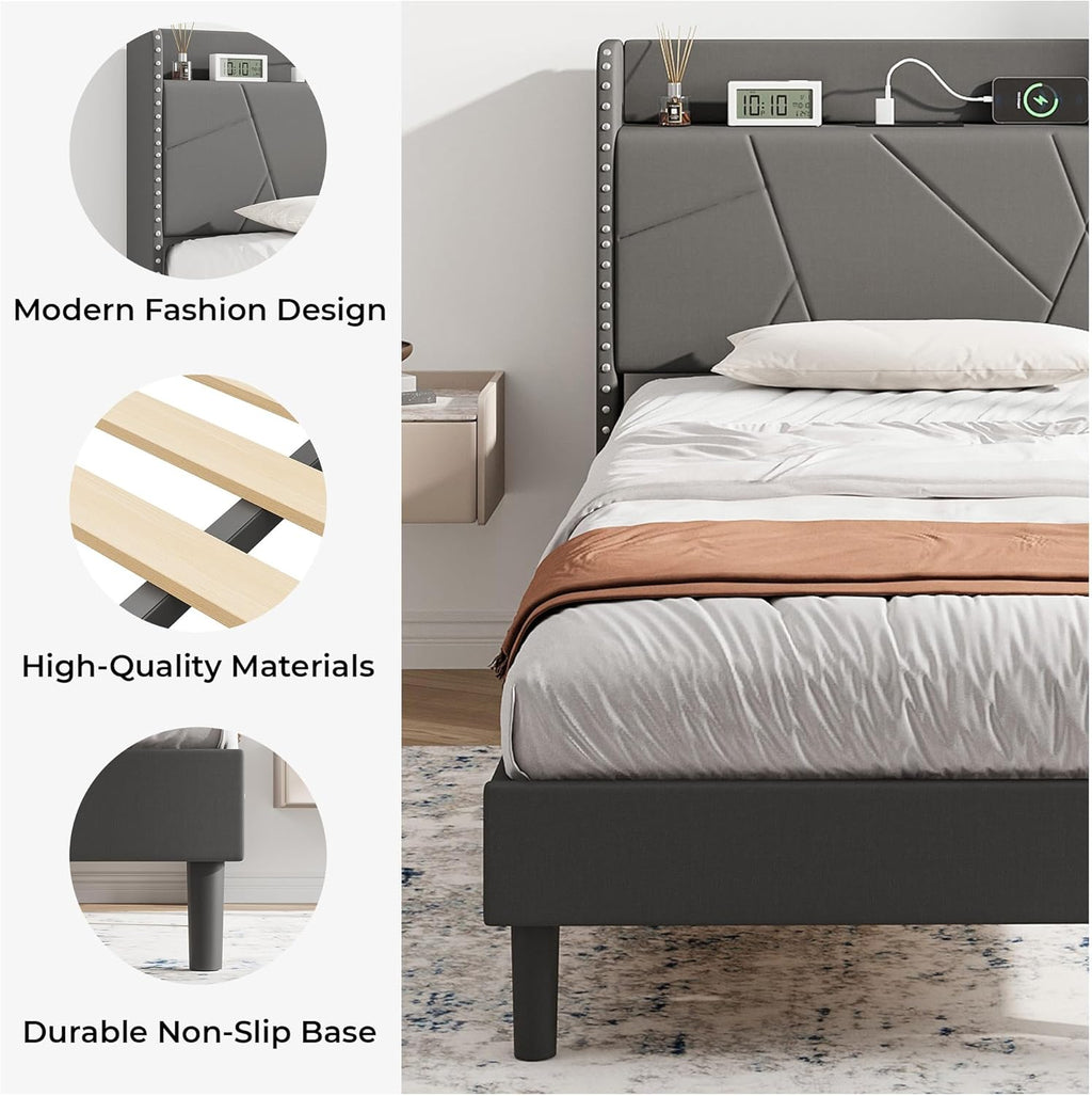Upholstered Bed Frame with Built-In Charging Station | Linen Headboard | Storage | Single, Double & King