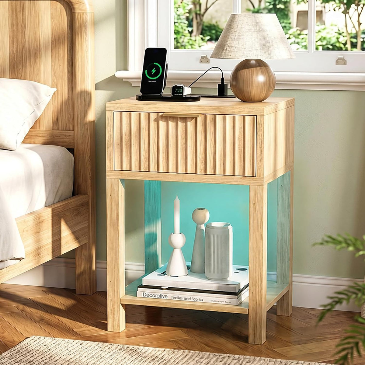 Smart Bedside Table with LED Lights & USB Charging | Fluted Design | 1 or 2 Pack | Oak, Gray Oak & Walnut