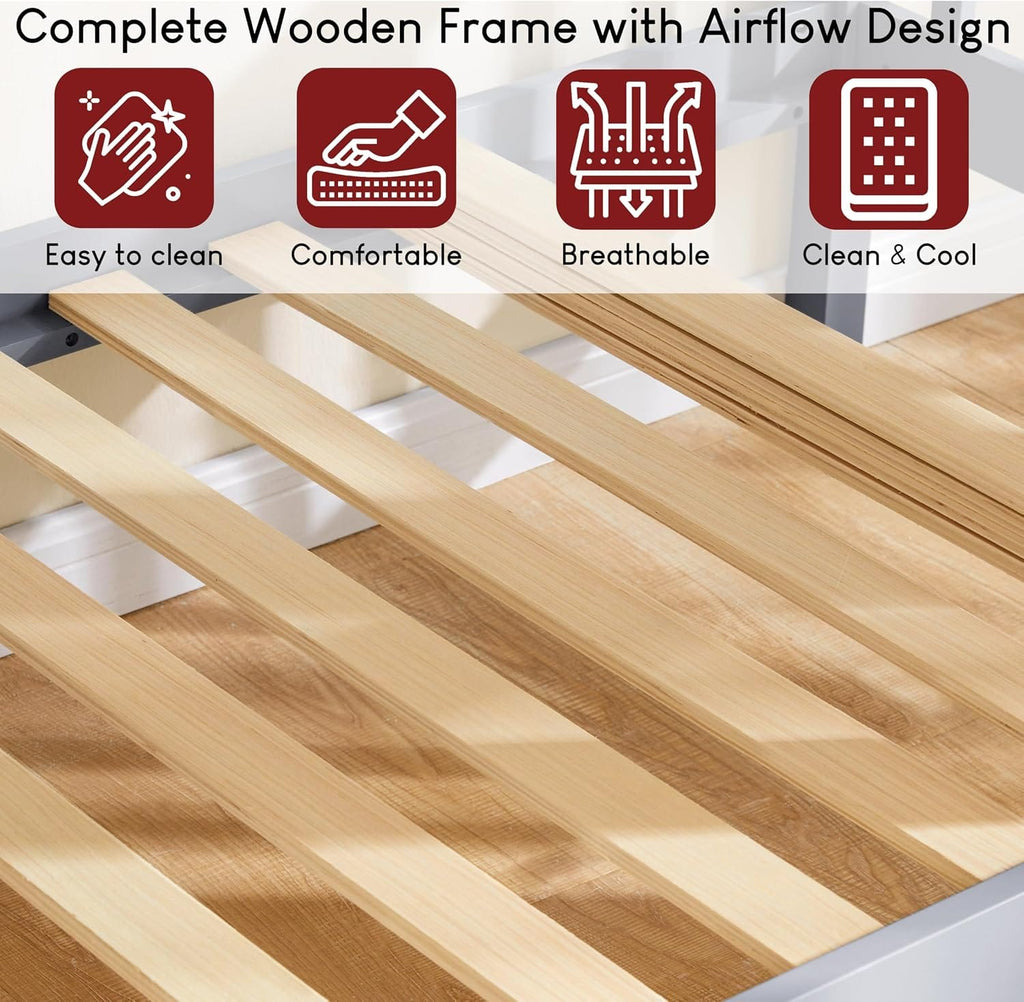 Single Bunk Bed Frame | Solid Pine Wood | Guard Rails & Ladder | Splits into 2 Beds | White & Grey