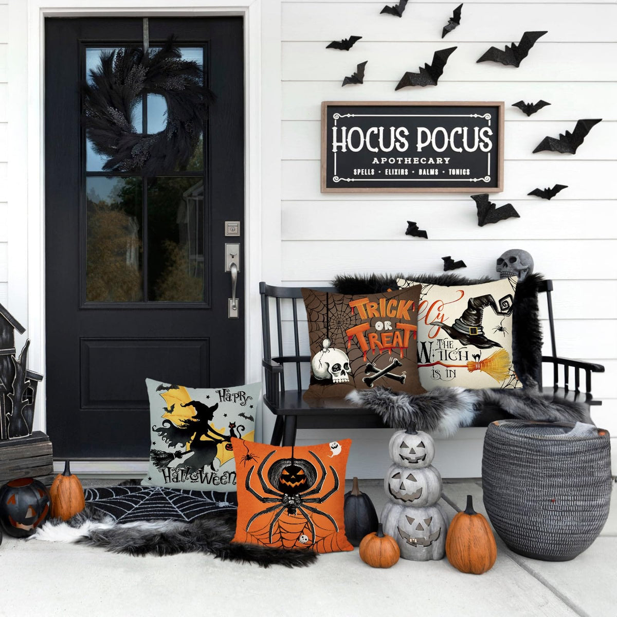 Happy Halloween Cushion Covers 45 x 45 cm Pumpkin Ghost Black Cat Trick or Treat Decorative Pillow Covers Black Pillowcases for Sofa Bed Home Outdoor Decor Set of 4