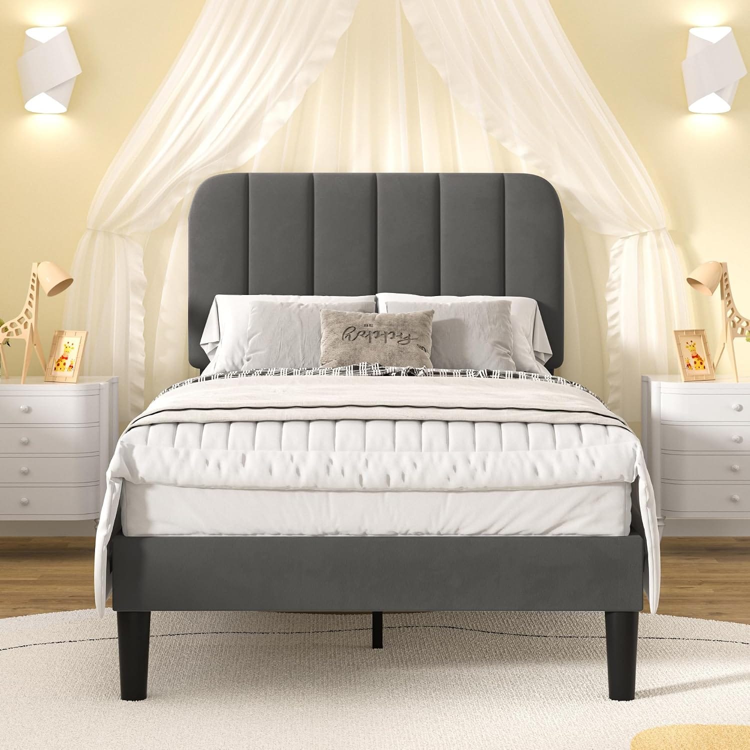 Double Bed Frame with 4 Storage Drawers | Velvet Upholstered Headboard | Wooden Slats | Beige & Grey
