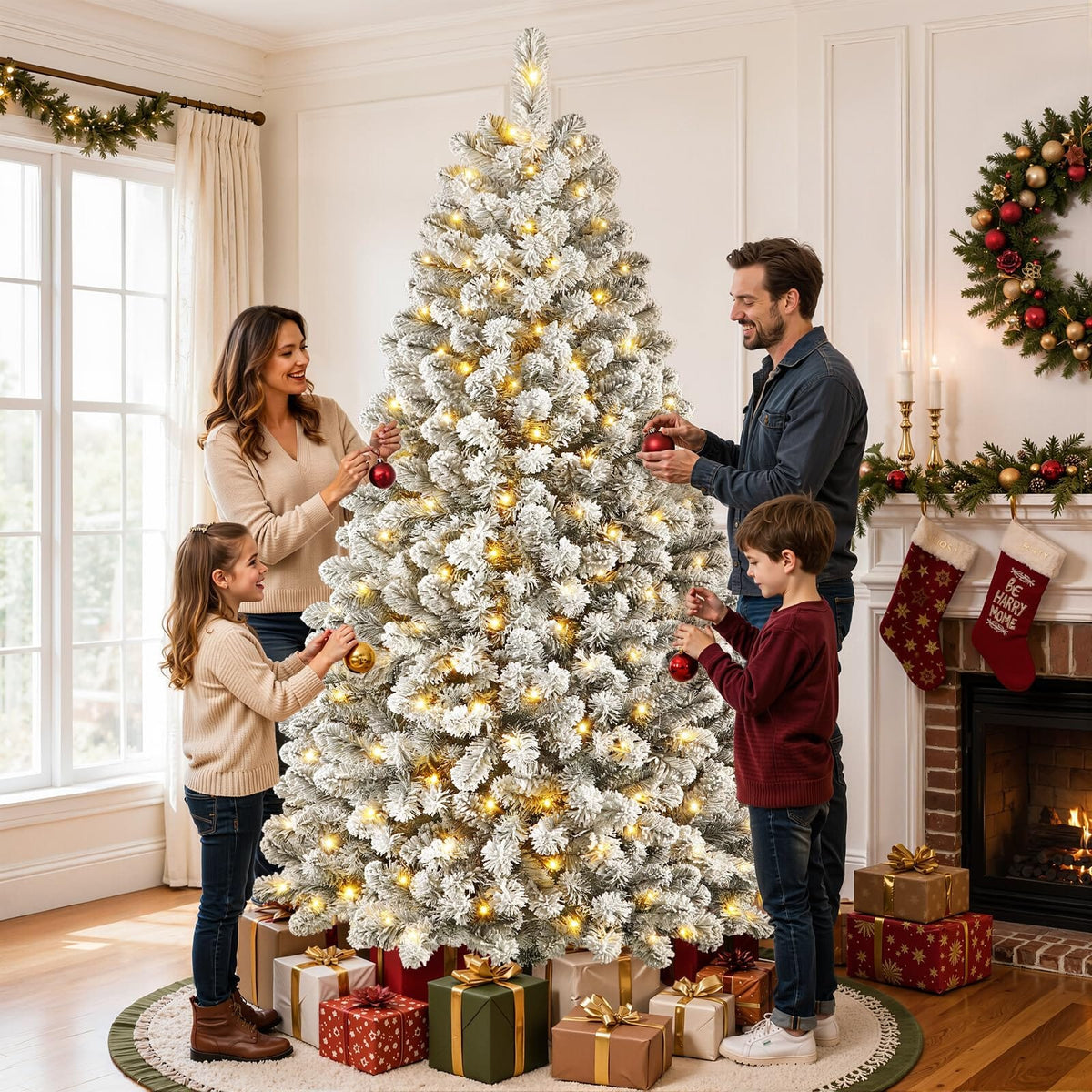 Shano's Pre Lit Christmas Tree Snow Flocked with 13 Modes & 932 Tips