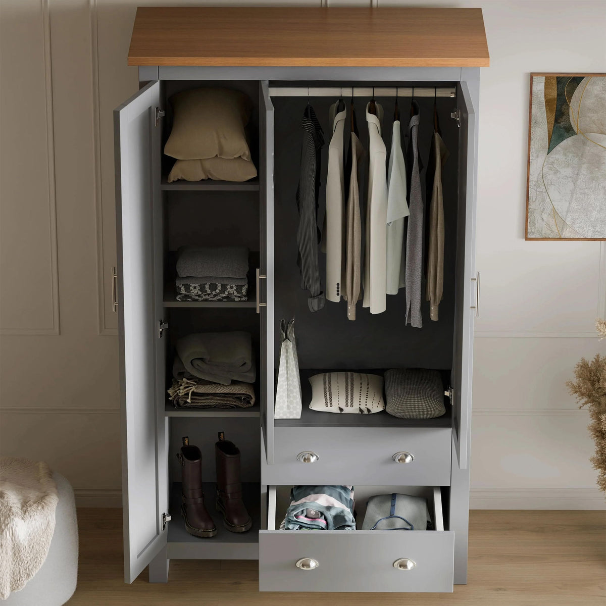 Shano 3 Door Wardrobe with Hanging Rail, 4 Shelves & 2 Drawers | White, Grey & Blue