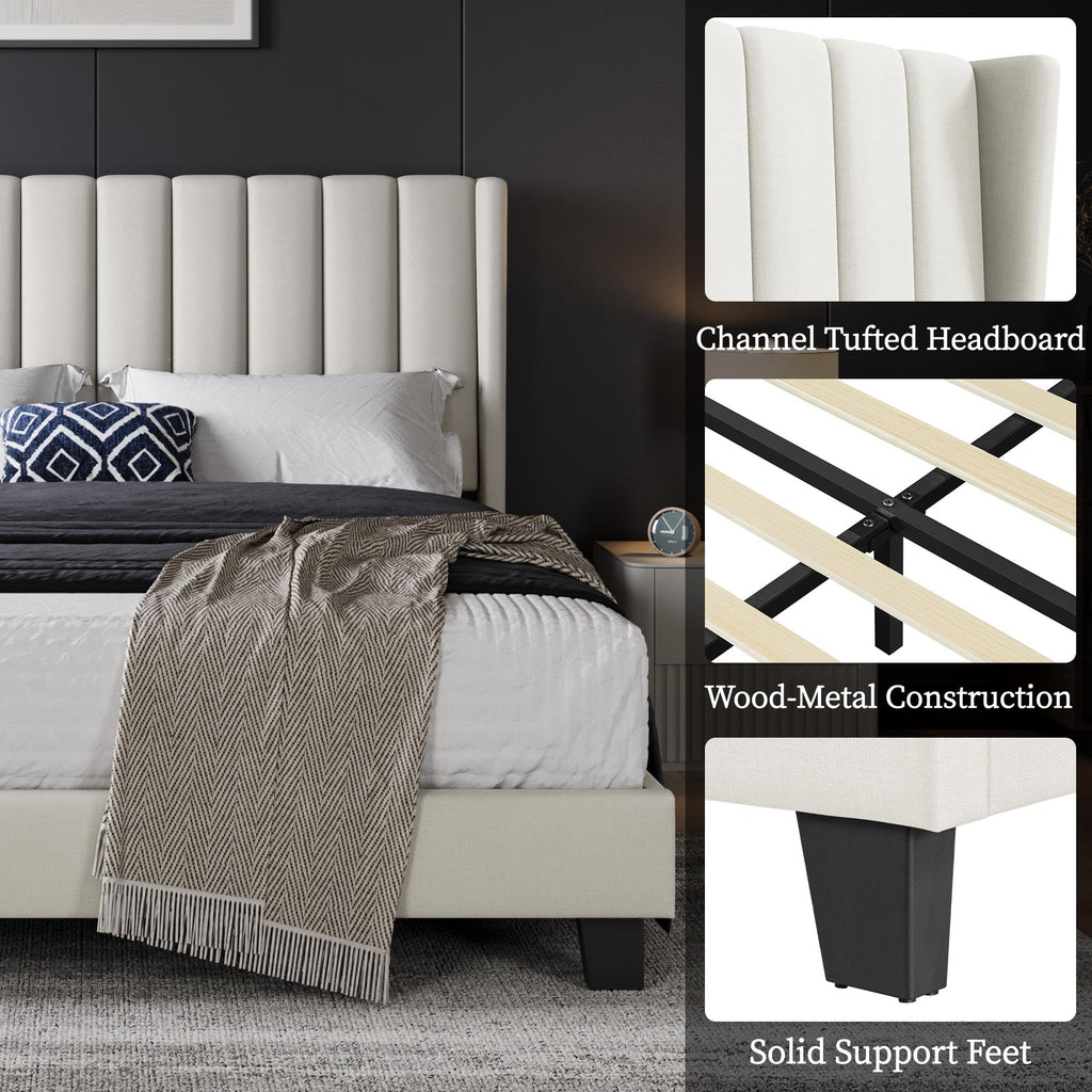 Shano Furniture Channel-Tufted Wing Bed Frame, Double, Beige