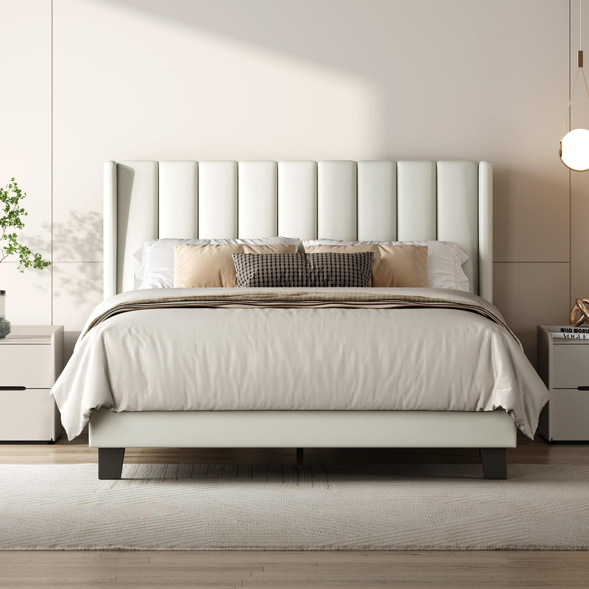 Shano Furniture Channel-Tufted Wing Bed Frame, Double, Beige