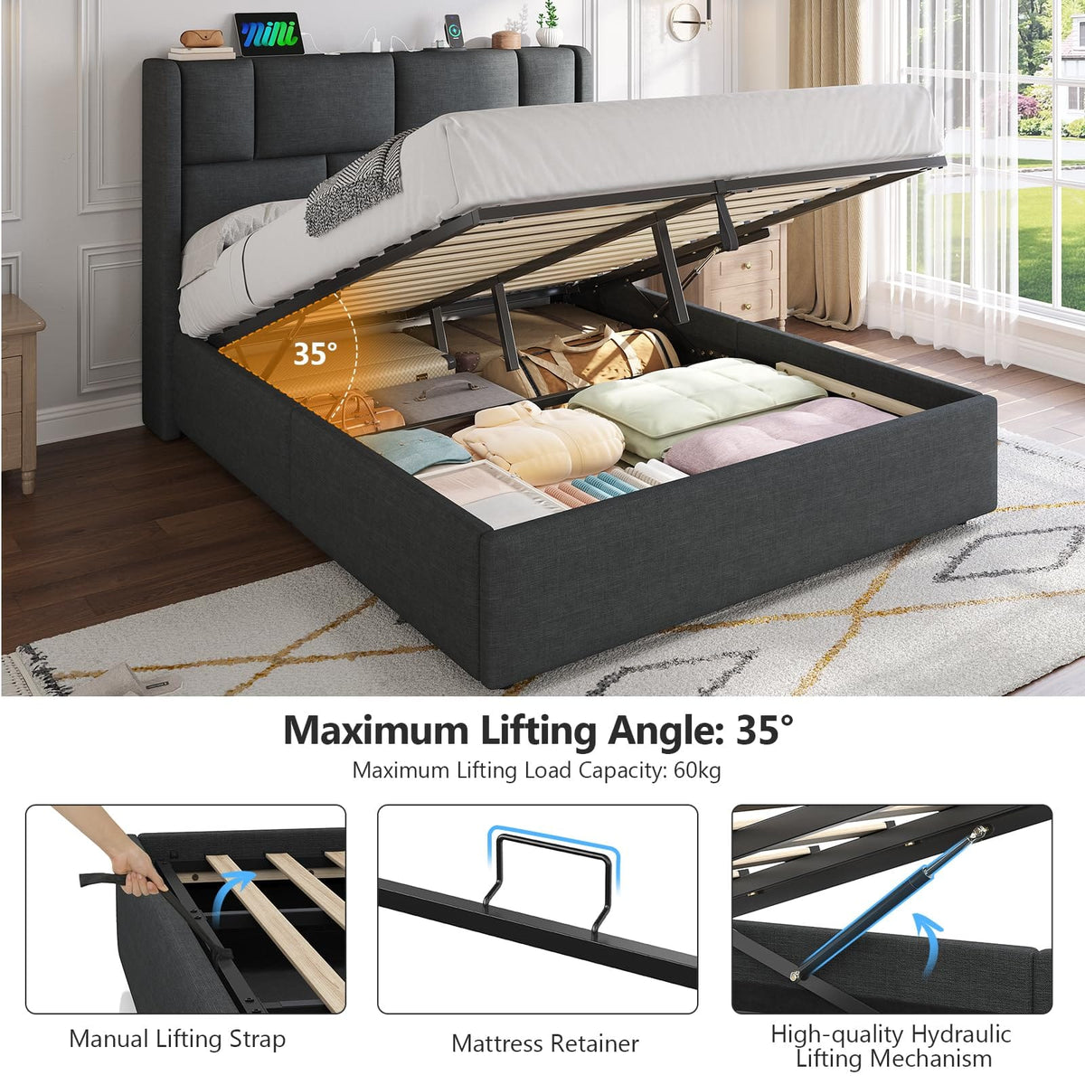 Ottoman Single Bed Frame with Hydraulic Storage, Charging Station & Adjustable Headboard | Grey | 3ft (90x190cm)