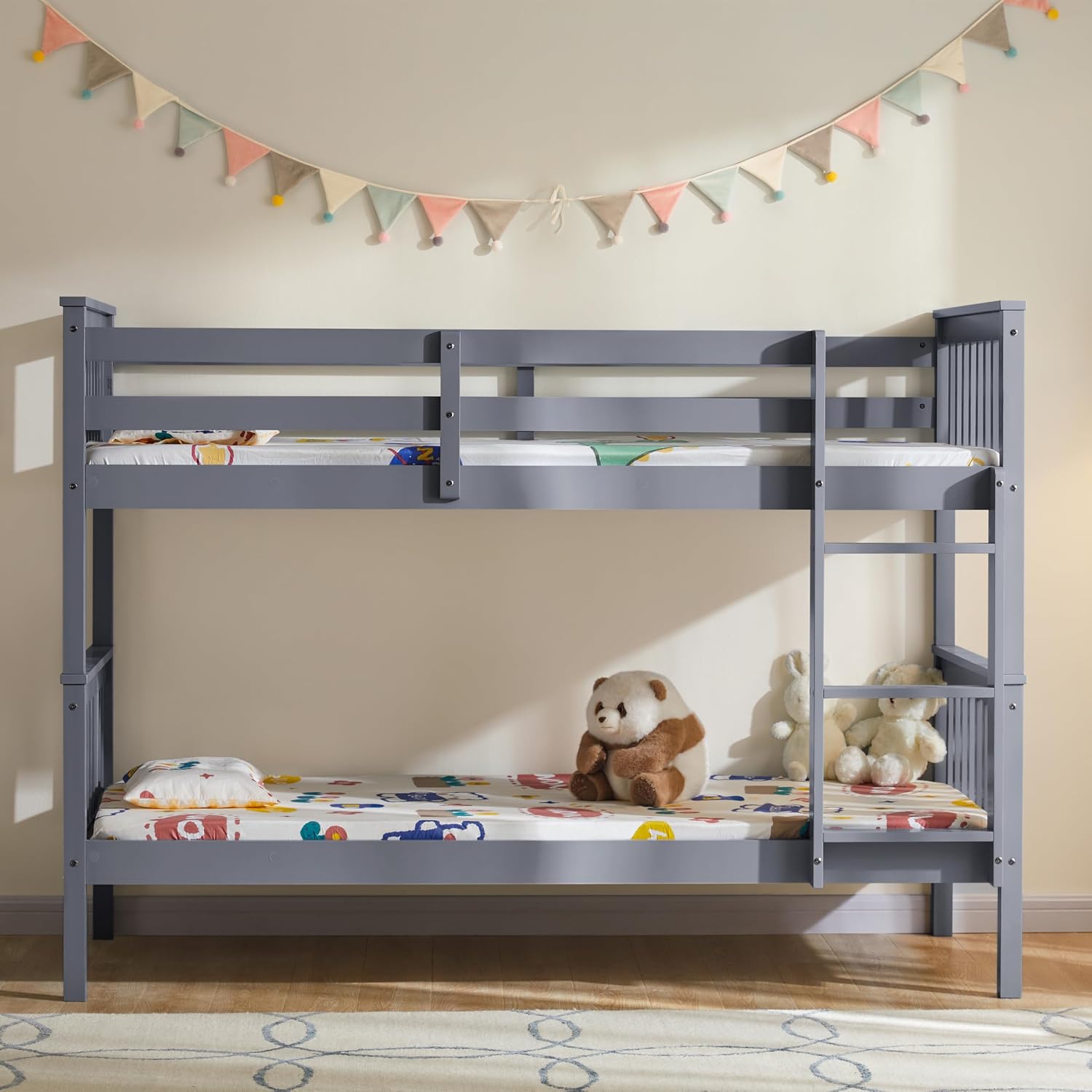 Single Bunk Bed Frame | Solid Pine Wood | Guard Rails & Ladder | Splits into 2 Beds | White & Grey