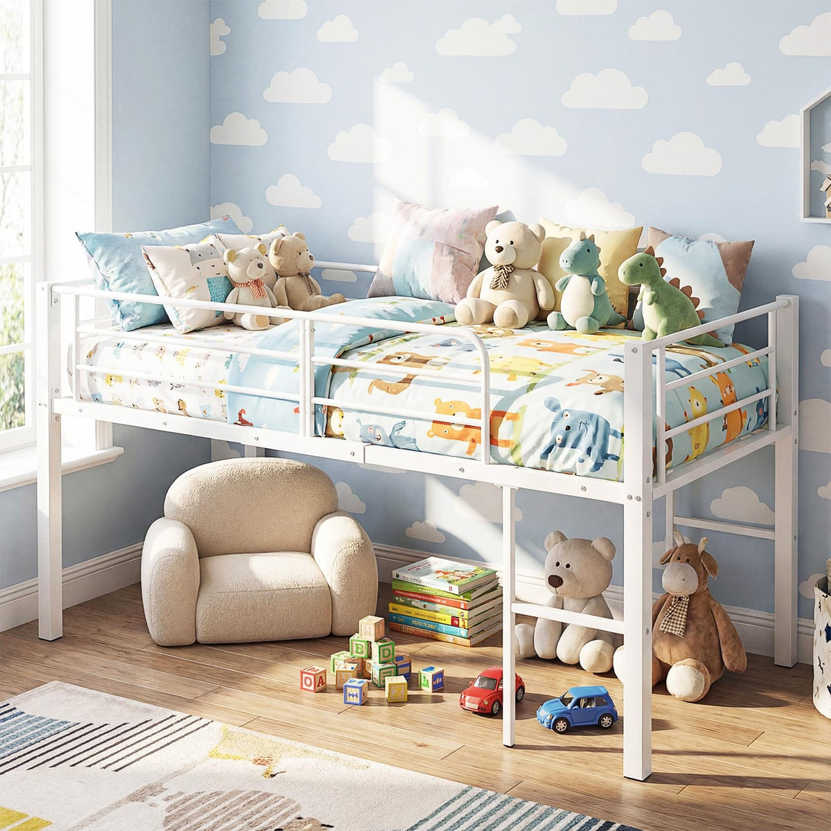 Metal Kids Bunk Bed, 3FT Children Loft Bed with Guardrails & 2 Ladders, Heavy Duty Toddler Bedframe for Boys Girls, No Box Spring Needed (Black)