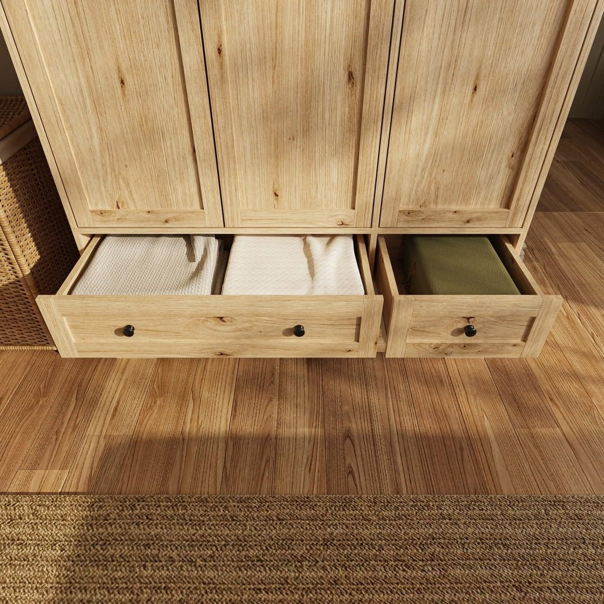 Shano Wardrobe with 3 Doors & 4 Drawers | White, Black, Grey & Oak