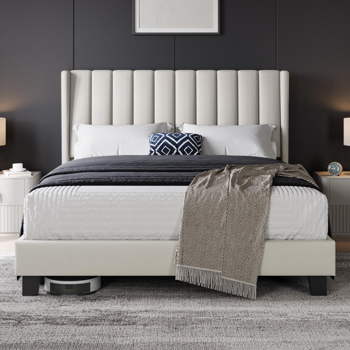 Shano Furniture Channel-Tufted Wing Bed Frame, Double, Beige