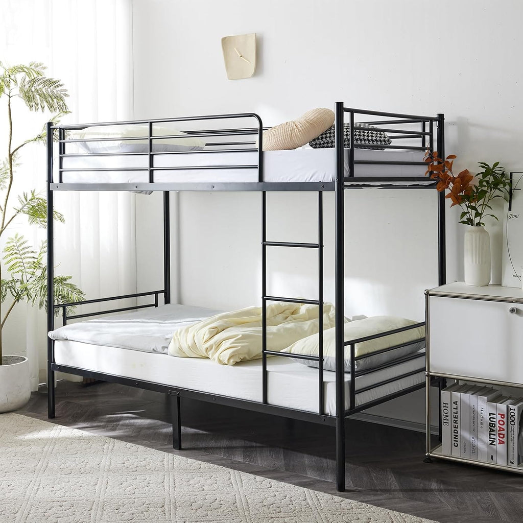 Heavy Duty Metal Bunk Bed Single over Single | Full-Length Guardrails | Optional Storage Drawers | Black & White