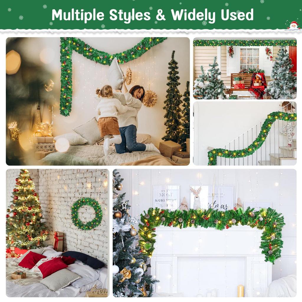 1.8M/6FT Christmas Garland with Lights, Christmas Garlands for Fireplace Stairs PE Artificial Wreath with 50 LED Lights for Xmas Tree Front Door Home Holiday Decor