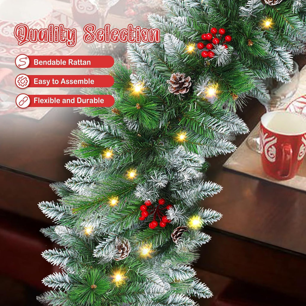 Christmas garland,christmas garland with lights Decorated Snow Tipped Artificial Green Xmas Garland with Pinecones and Red Berries for Home Stairs Fireplace Front, Christmas Decorations 9 Ft