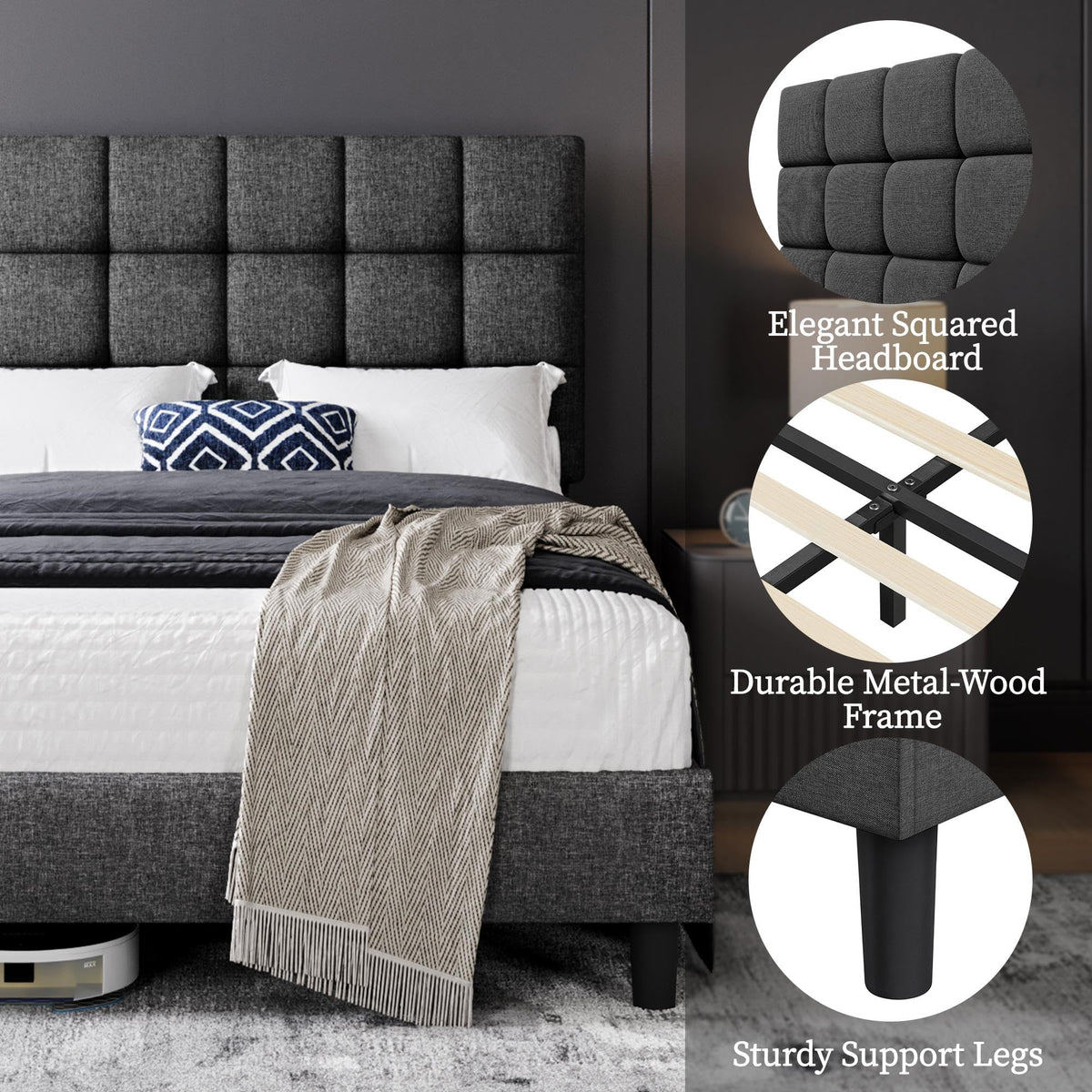 Upholstered Bed Frame with Square Tufted Headboard