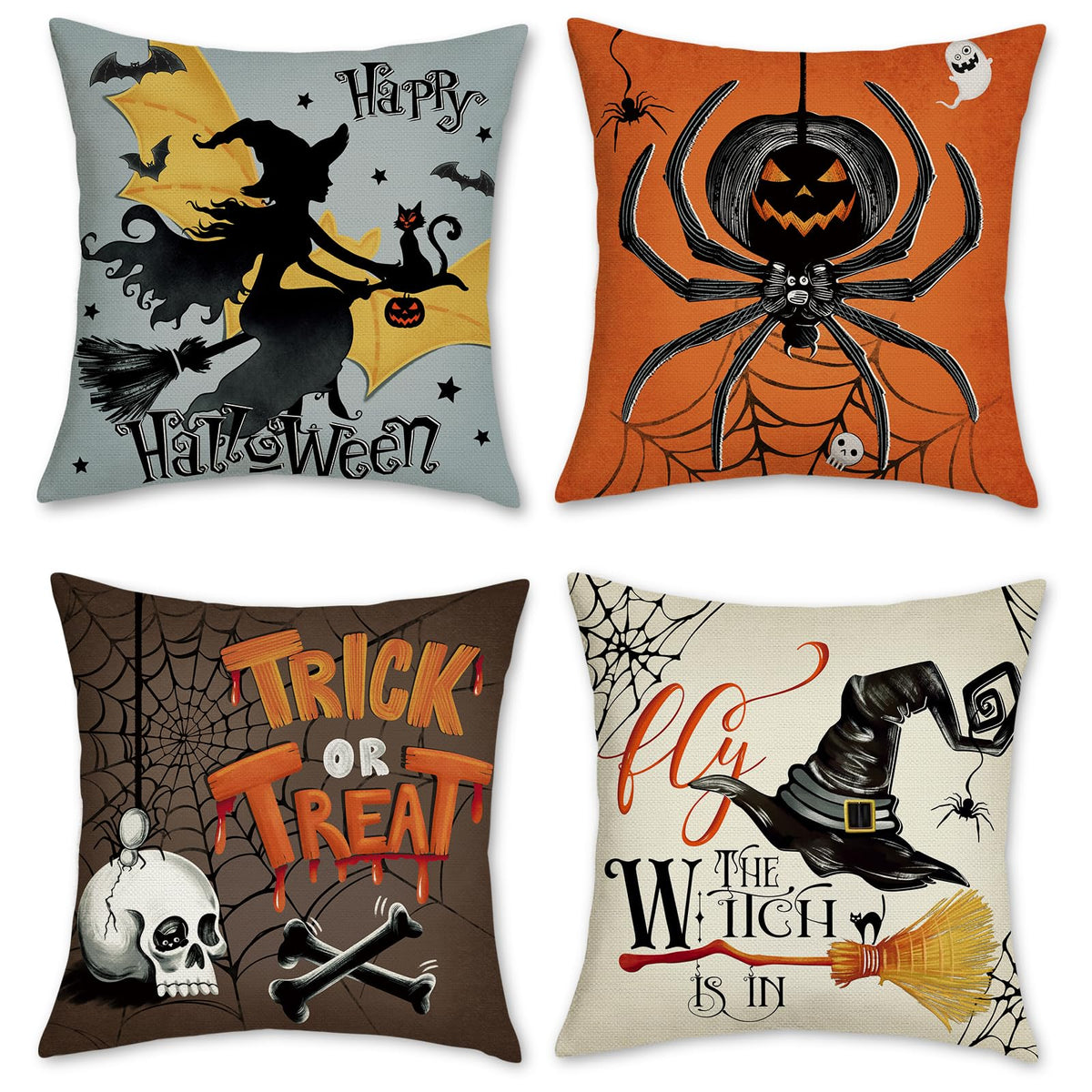 Happy Halloween Cushion Covers 45 x 45 cm Pumpkin Ghost Black Cat Trick or Treat Decorative Pillow Covers Black Pillowcases for Sofa Bed Home Outdoor Decor Set of 4