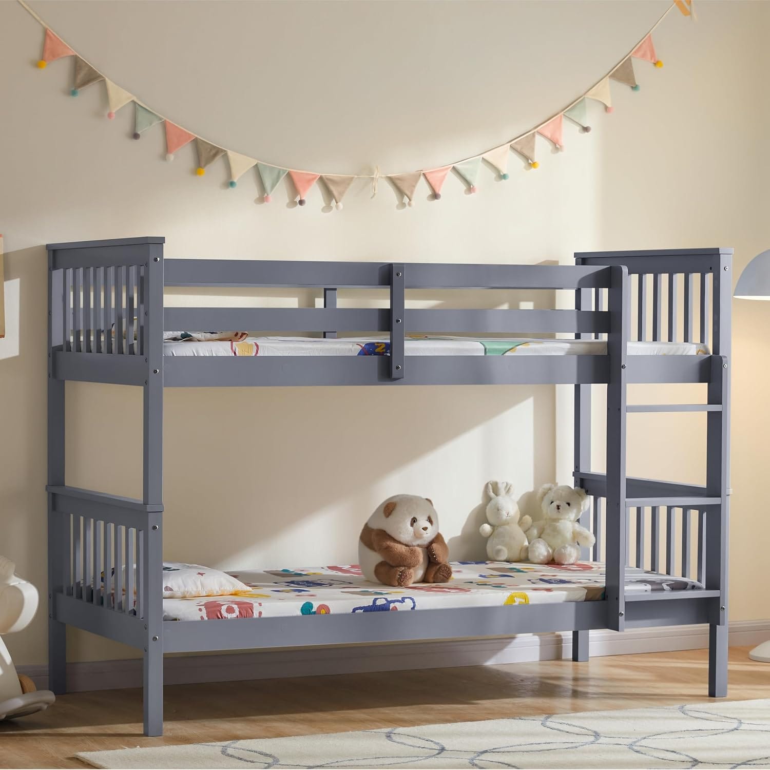Single Bunk Bed Frame | Solid Pine Wood | Guard Rails & Ladder | Splits into 2 Beds | White & Grey