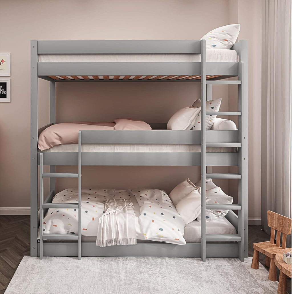 Shano Bunk Bed, 3ft Triple Bunk Bed with Ladder, Wooden Triple Sleeper Kids Bunk Bed, Solid Pine Wood Single Bed Frame for Children, Space Saving High Sleeper Bunk Bed