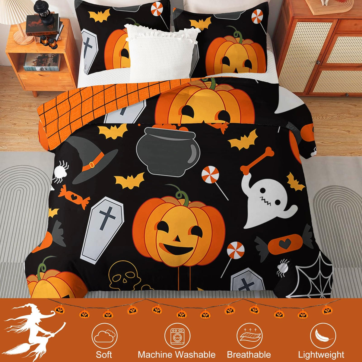 Halloween Duvet Cover Set 3 Pieces with Skull Pumpkin