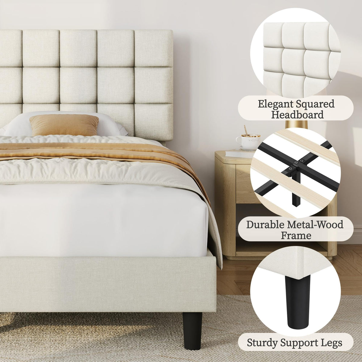 Upholstered Bed Frame with Square Tufted Headboard